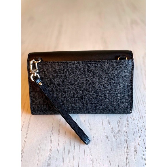 Michael Kors Wristlet Clutch Signature Logo Black Leather Gold Tone - Picture 2 of 9